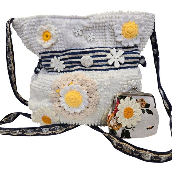 FLR PWR Upcycled Antique Hobnail textured Bedspread bag coin Small blue white - Picture 3 of 17